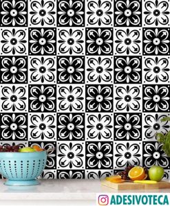 Adesivo Azulejo Mix Floral Preto e Branco