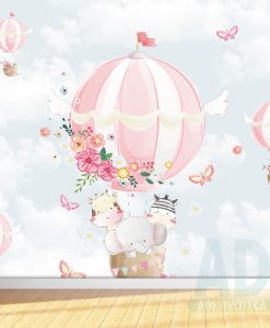 Adesivo Papel de Parede Infantil Baby Kids Balão Rosa e Animais