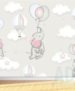 Adesivo Papel de Parede Infantil Baby Elefante, Balões Rosa 02