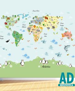 Adesivo Papel de Parede Mapa Mundi Bichos