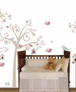 Adesivo de Parede Árvore Rosa de Pássaros